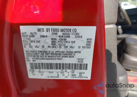 2010 Ford Escape Limited z USA, uszkodzony, nr VIN 1FMCU9EG2AKD31501